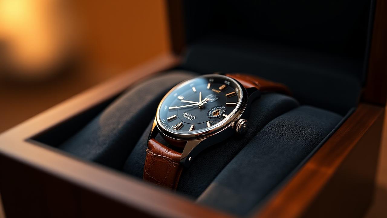 高級木製ギフトボックスに収められた、カスタム彫刻済みのクロノグラフ